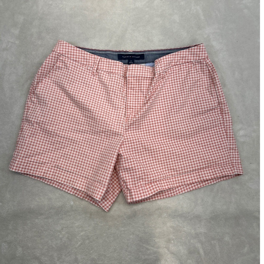 Tommy Hilfiger Chino Shorts Womens 12 Pink White Checkered Gingham Stretch